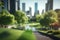 Impressive ecofuturistic urban landscape ESG concept full of greenery, skyscrapers, parks and other man-made green spaces in an