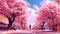 an impressive epic modern illustration of a woman walking on a long road next to cherry trees, ai generated image