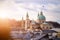 Impressive evening scenery over Salzburg: Rooftops of Cathedral, churches and houses