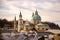 Impressive evening scenery over Salzburg: Rooftops of Cathedral, churches and houses