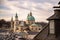 Impressive evening scenery over Salzburg: Rooftops of Cathedral, churches and houses