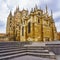 Impressive Gothic cathedral of the city of Leon with staircase at the entrance.