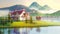 Impressive House by the Lake, Reflected in the Water. Countryside, Forest and Farm Field, Lake with House. Mountains in the