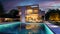Impressive modern  mansion with pool at dusk