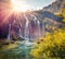 Impressive morning view of pure water waterfall in Plitvice National Park. Great autumn sunrise in Croatia, Europe. Abandoned plac