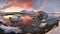 Impressive Panoramic Sunset Over Ice With Snow And Rocks