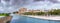 Impressive panoramic view of the historic part of the old town Palma de Mallorca, the marine park and Cathedral La Seu or Palma