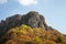 Impressive rocky peak covered by colorful bushes against a sky. Dry mountain (Suva planina), Serbia