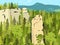 Impressive sandstone rock formation hidden in the woods. Towers enticing climbers. Vector illustratio.