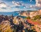 Impressive summer view of high cliffs on the Ionian Sea. Spectacular morning seascape of Zakynthos Zante island