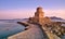 Impressive three-tiered watchtower, Venetian fort castle of Methoni, Greece at sunset time