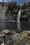 Impressive vertical photo of turquoise light blue waterfall located in the Cajon del Maipo, Andes Mountains called Salto el Yeso,