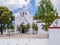 Impressive view of San Lorenzo church and its parvis with colorful prayer flags , Zinacantan, Chiapas, Mexico