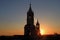 Impressive view of the setting sun shining through the belfry of Cathedral of Arequipa, Arequipa, Peru