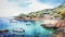 Impressive Watercolor Painting Of French Coastline And Boats