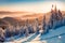 Impressive winter scene of Carpathian mountains with snow covered fir trees. Spectacular outdoor scene of moumtain forest. Beauty