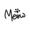 Imprint of cat`s paws and handwritten text Meow. Sketch, doodle, scribble.