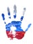 The imprint of the left hand of the Russian Federation flag colors, gouache. Design holidays of Russia stamp