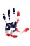 Imprint left palm hand with flag United States America on white background