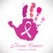 Imprint of pink hand with cancer ribbon inside