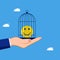 Imprison and control happiness. Lock your happiness in a birdcage. business concept