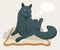 Impudent fat cat sits relaxed on rug. and dreams of food. Bubbles, clouds for text fly near head of gray cat. Cartoon vector