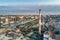 Inactive thermal power station located in the middle of a big city. Aerial view.