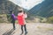 Inca Trail, Peru: August 11th, 2018:Two young female hikers are taking photos on the famous Inca Trail. They will need to walk 4