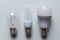 Incandescent bulb, fluorescent bulb, led bulb.