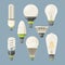 Incandescent bulbs, halogen and other different types. Vector pictures in cartoon style