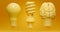 Incandescent, energy saving and human brain light bulbs over yellow background. Concept of evolution, inspiritation