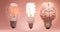 Incandescent, energy saving and human brain light bulbs in a row. Concept of evolution, inspiritation, creativity, idea