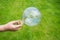 An incandescent lamp in a child`s hands at the background of Green grass, a close-up, new ideas, creativity, innovations and