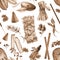 Incense aroma seamless pattern in natural sepia colors. Watercolor illustration. Aroma sticks, ceramic incense burner