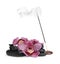 Incense stick smoldering in holder near orchid flowers and spa stones on white background