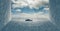 Inception effect. Manipulation. Cloudy sky and a boat sailing on the sea.