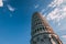 INCLINE Pisa tower from many different perspectives, duomo, blue sky with clouds, sun flare, wide angle photo, bottom and side vie