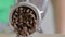 An incognito woman cooks meat in a home kitchen. Minced meat on a manual mechanical meat grinder