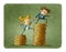 Income inequality concept shown with an illustration of a male and female characters and piles of coins