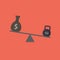 Income and tax illustration. Cash of money and kettlebell with tax word on scales