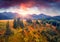 Incredible autumn view from flying drone of Marishevska mountain valley with highest Carpathian peak - Hoverla.