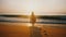 Incredible back view shot of young happy woman watching amazing sunset on golden sea beach, big wave coming on.