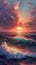 Incredible beautiful sunset in the ocean with small waves. Generative AI