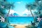 Incredible bright tropical beach landscape with beautiful palm trees,bright sun,coastal waves,paper cut style,tourism concept,