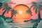 An incredible bright tropical beach landscape with a setting sun,with beautiful palm trees, clouds, coastal waves, paper cutting