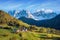 Incredible landscape with the church in the valley of Santa Magdalena, Italy, Europe, Dolomites