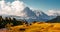 Incredible landscape in Val Gardena on a sunny day. Scenic image of famous Sassolungo peak. Amazing nature background. Dolomiti,