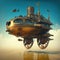 Incredible Major Steampunk balloon floating above water surface. Illustrations Generative AI.