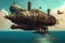 Incredible Major Steampunk balloon floating above water surface. Illustrations Generative AI.