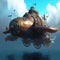 Incredible Major Steampunk balloon floating above water surface. Illustrations Generative AI.